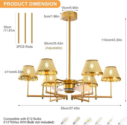Garwarm 37.4" Ceiling Fans with Lights,Chandelier Ceiling Fan Boho Rattan Fandelier Ceiling Fan with Lights Remote Control for Kitchen Island Dining Living Room
