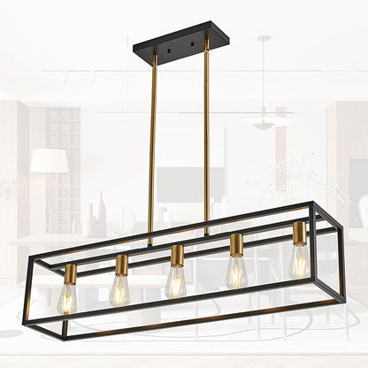 Kitchen Light Fixtures Farmhouse Rectangle Chandeliers Dining Room Light for Dining Rooms, Light Fixture Matte 5-Light Industrial Pendant Lighting