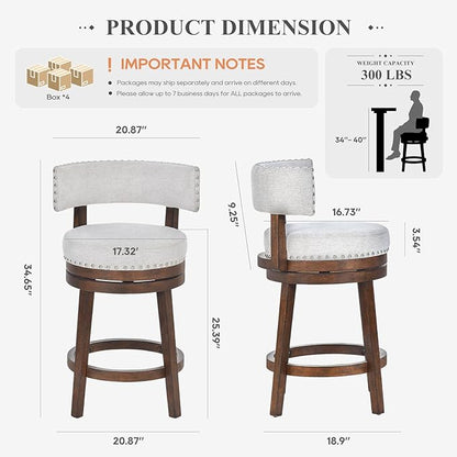 COLAMY Swivel Bar Stools Set of 4, Swivel Counter Height Barstools with Back, 25 Inch Modern Upholstered Bar Stools for Kitchen Island Dining Room Bar, Beige