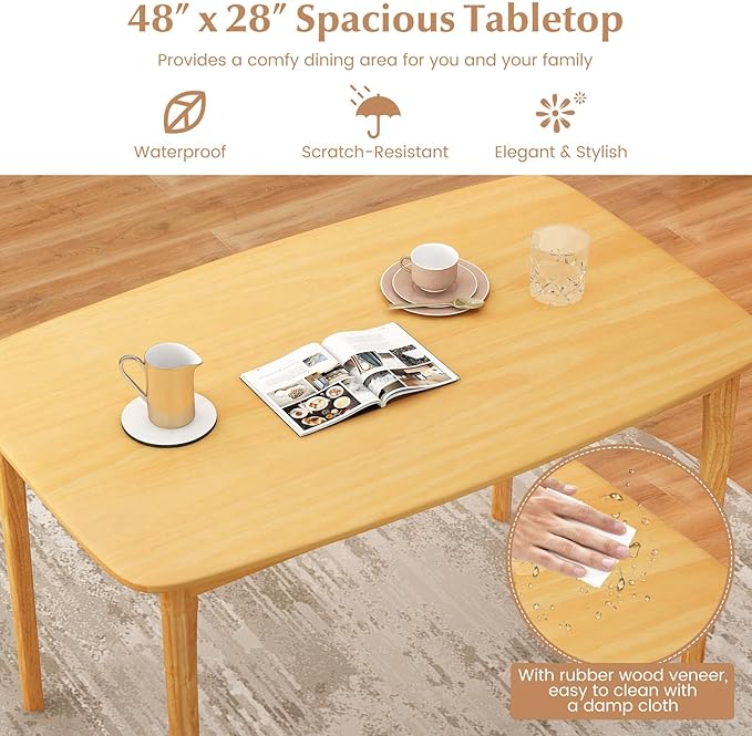 Giantex Dining Table for 4, 48" Rectangular Kitchen Table with Solid Rubber Wood Legs & Spacious Tabletop, Wooden Dinner Table for Living Dining Room, Dinette (Natural)