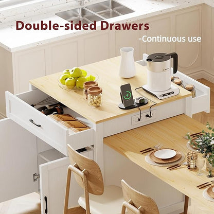 82.7"-56" Kitchen Island with Extendable Dining Table, Faux Mable Kitchen Cart with Power Outlet, Double-Sized Storage, Rolling Kitchen Table with Storage 2 Drawers 2 Side Open Shelves, White