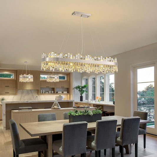 Siljoy Modern Crystal Chandelier, 20-Light Brushed Nickel K9 Crystal Raindrop Chandelier, Luxury Large Dimmable Crystal Ceiling Light for Dining Room Living Room Kitchen Island Entry Foyer L52''