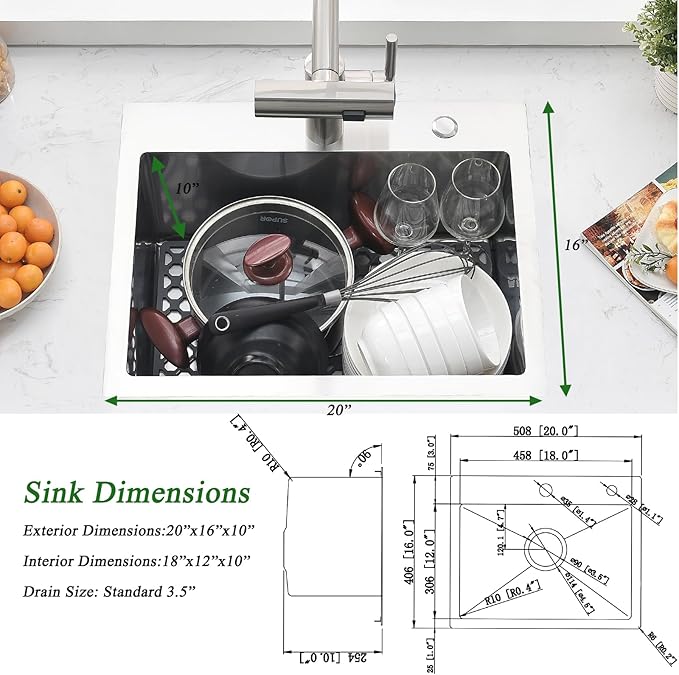 20 Inch Kitchen Sink Drop In with Faucet Combo-Brovy 20x16 Small Outdoor Stainless Steel Kitchen Sink Drop-In 18 Gauge Single Bowl Top Mount Wet Bar Sinks with Mat&Drainer