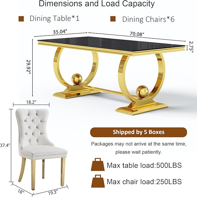 7-Piece Modern Luxury Dining Table Set, 70" Black Tempered Glass Dining Table with Gold Polished Stainless Steel U-Shaped Pedestal Base, 6 White Velvet Upholstered Chairs, for Dining Room, Office