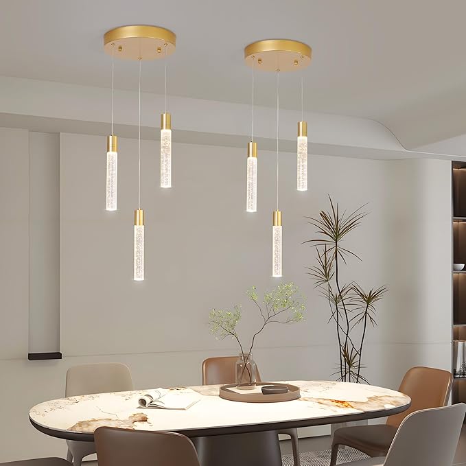 3 Light Pendant Lights Kitchen Island,Modern LED Bubble Crystal Pendants with Dimmable 3000K-6000K Ceiling Hanging Light Fixture for Dining Room Bedroom,Gold Finish,Adjustable Height 59"