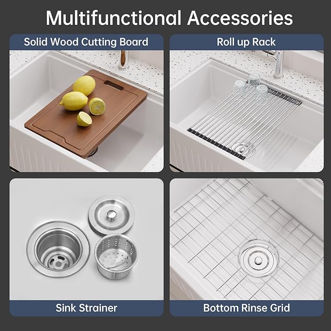 30 Inch White Farmhouse Sink Workstation Apron Front Ceramic Porcelain Fireclay Ledge Single Bowl Sink Large Deep Farm Kitchen Sinks 30" x 20" x10"