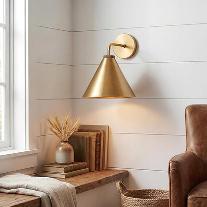 Retro Industrial Metal Cone Sconce Light - Vintage Inspired Modern Brass Wall Sconce with Metal Shade, Wall Mount Lighting for Bedroom, Hallway, Living Room (10.5“Dia x 12.5" H Brass)