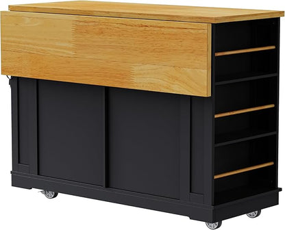 Ball & Cast Kitchen Island with 2 Bar Stools and Power Outlet,Rolling Kitchen Cart on 5 Wheels W/Drop Leaf&5 Open Side Racks,Kitchen Storage Cart W/Adjustable Shelf,for Kitchen,Dining Room,Black,48"