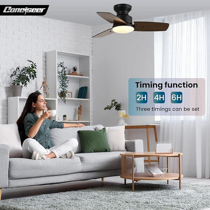 Conciseer 30 Inch Ceiling Fans with Lights and Remote, Bedroom Living Room Office, Flush Mount, 3CCT Dimmable, Dual Color 3 Blades, 6 Speed Reversible Quiet DC Motor, Black/Wood Grain, 2 Pack