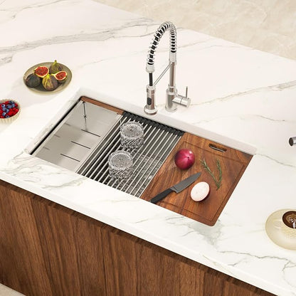 30 Undermount Kitchen Sink 30 ×19 X 9 Inch Stainless Steel Workstation Sinks 16 Gauge Single Bowl 9'' Deep Handmade Basin with Complete Accessories