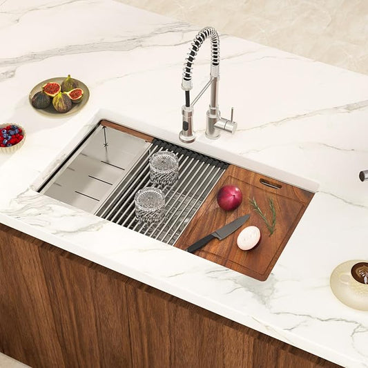 30 Undermount Kitchen Sink 30 ×19 X 9 Inch Stainless Steel Workstation Sinks 16 Gauge Single Bowl 9'' Deep Handmade Basin with Complete Accessories
