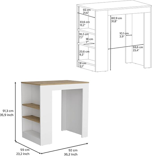 36" Sturdy 3-Side Shelves Bar Counter Height Table, Dinner Table with Modern Design, Bistro Pub Tables for Kitchen and Small Dining Spaces, White + Oak