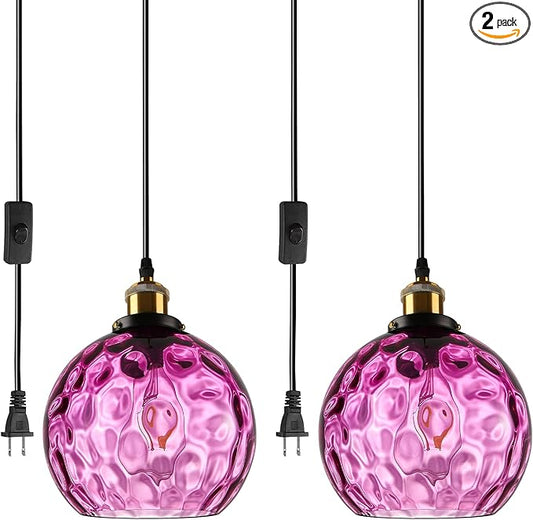 Purple Hanging Lights Plug in Pendant Lights Handblown Glsss Chandelier Plug in Light with Ceiling, Purple Glass Pendant Light for Kitchen Island, Dining Room, E26, No Bulb, 2 Pack