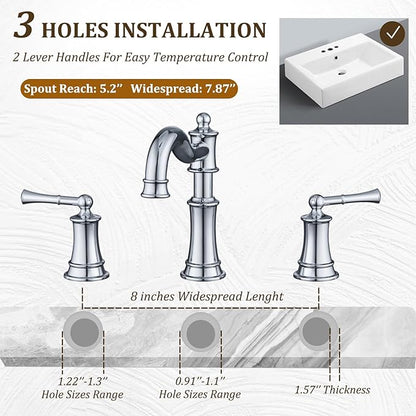 Roman Bathroom Sink-Faucet 3-Holes, Rotated Spout Vanity Basin Faucets 2 Handles 8 inches Widespread Deck Mount Brass Faucet for Sink with Overflow Pop Up Drain Polished Chrome NL2204-CP
