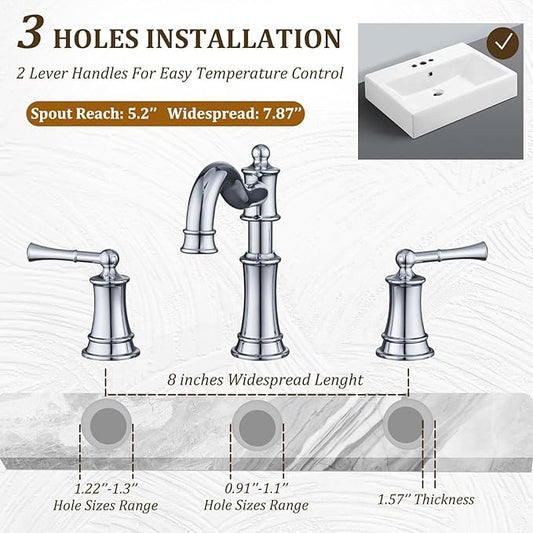 Roman Bathroom Sink-Faucet 3-Holes, Rotated Spout Vanity Basin Faucets 2 Handles 8 inches Widespread Deck Mount Brass Faucet for Sink with Overflow Pop Up Drain Polished Chrome NL2204-CP