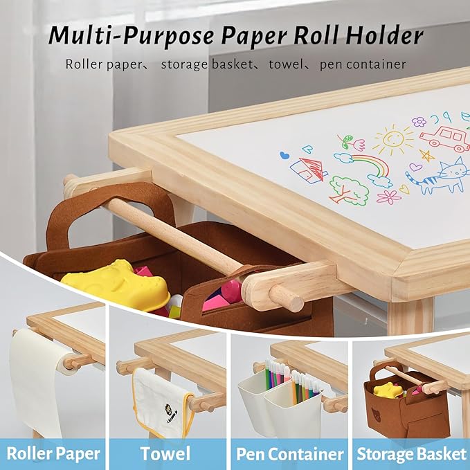 Easyego Wooden Sensory Table – Multifunctional Sand & Water Table with Double-Sided Lid, Paper Roll, Storage Box, Transparent & Game Board, and Foldable Bins for Kids' Indoor & Outdoor Play