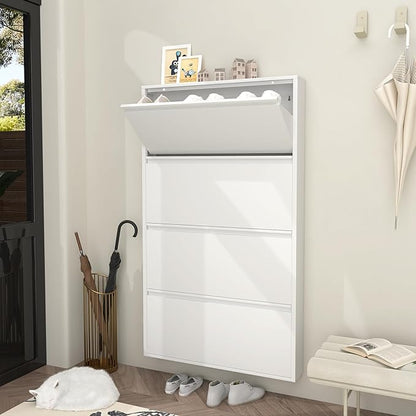 GREATMEET Slim Wall Mounted Shoe Cabinet, 6 Inch Narrow White Hidden Metal Shoe Storage with 4 Flip Drawers, Tall 57 Inch Steel Space Saving Organizer Rack for Entryway Hallway Small Spaces