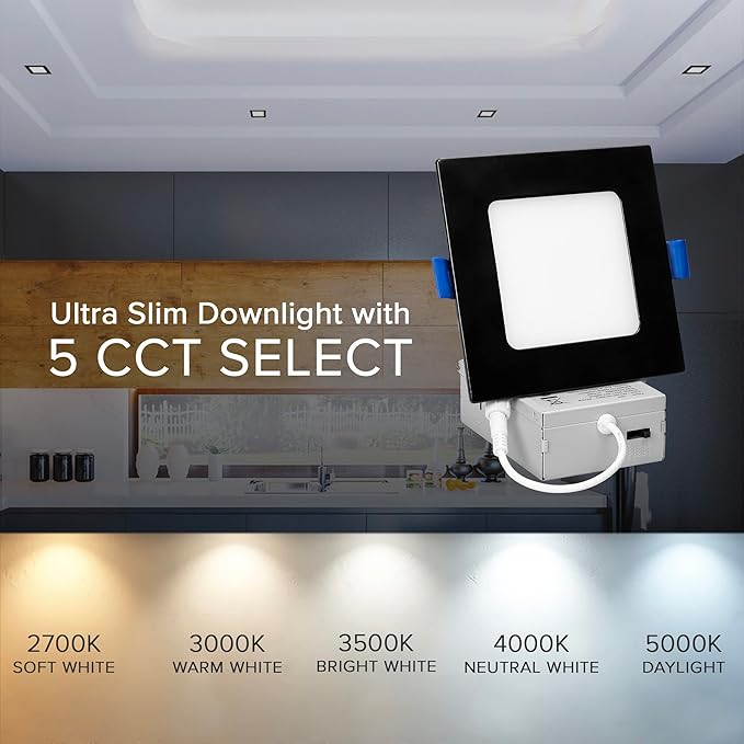 Maxxima 4 in. Square Ultra Thin Recessed LED Downlight - 5 CCT Color Selectable 2700K/3000K/3500K/4000K/5000K, 700 Lumens, Slim Black Trim, Dimmable Ceiling Fixture, Canless IC Rated, J-Box Included
