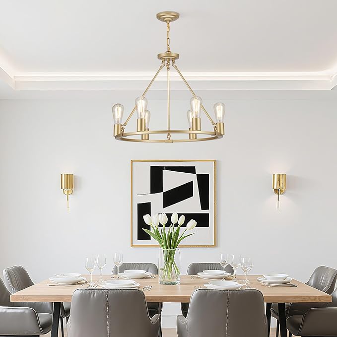6-Lights Gold Chandelier | Dia 24'' Farmhouse Wagon Wheel Chandelier | Rustic Hanging Dining Room Light Fixture | Apply to Living Room | Kitchen Island | Entryway | Foyer