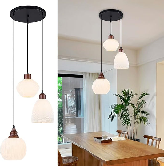 Cluster Pendant Lights for Kitchen Island, 3-Light Pendant Light Fixtures with 3D Printed Ribbed Shade, Adjustable Hanging Pendant Light for Dining Room