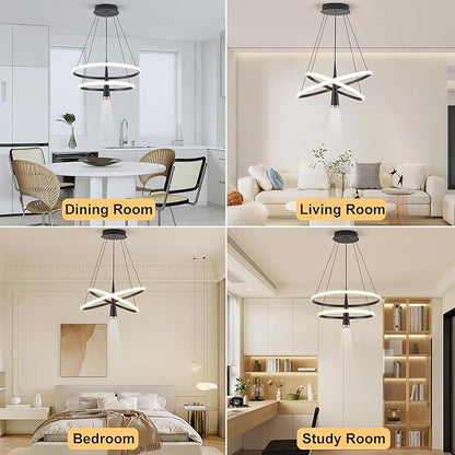 ORANOOR Modern LED Chandelier, Dimmable 20in Black Kitchen Pendant Light Fixture Dining Room Lights Ceiling Hanging, 2 Ring Round Chandeliers for Bedroom Living Room Staircase Over Table (3360lm)