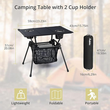 Anbte Ultralight Portable Camping Table, 3.2lb Folding Camping Table with Cup Holders & Storage Net, 20in Height for Camping Hiking Tailgating Beach Picnic Travel Patio, 23" x 16", Black