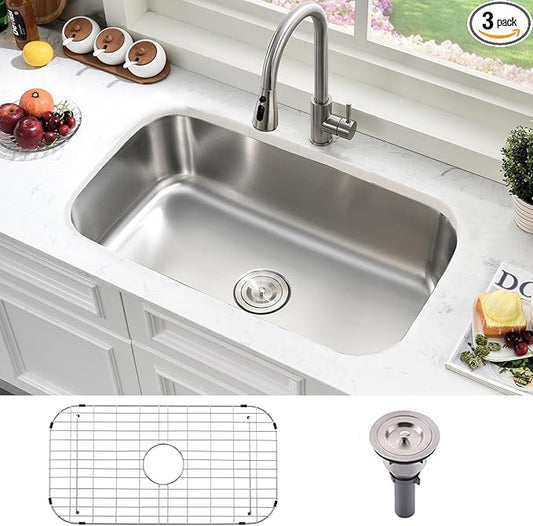 31 Inch Undermount Kitchen Sink Stainless Steel-Bokaiya 31x18 Stainless Steel Kitchen Sink Single Bowl 16 Gauge Large Corner Under Mount Sinks with Dish Grid