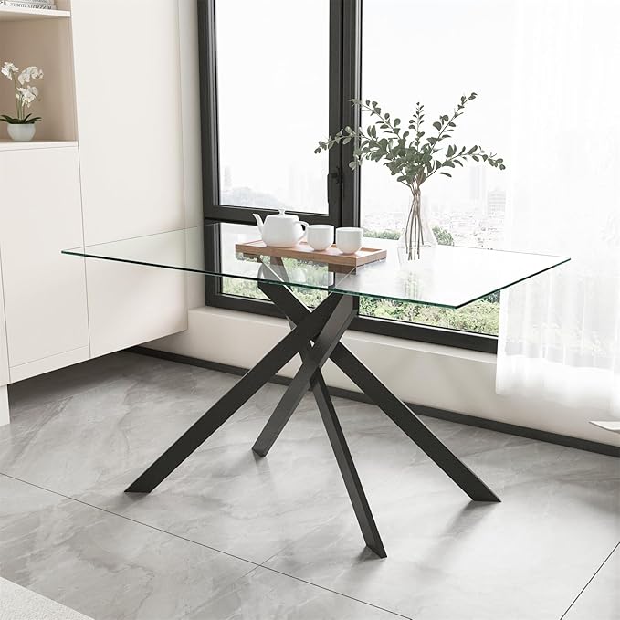Henf 51in Glass Dining Table for 4 or 6, Rectangle Kitchen Table with X Shape Metal Legs, Tempered Glass Top Dining Room Table for 4