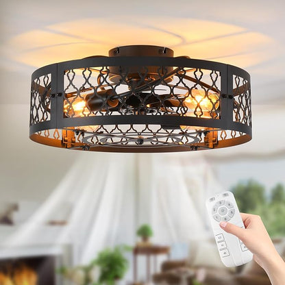 Garwarm 19.6in Caged Ceiling Fan with Light, Bladeless Black Fandelier Ceiling Fan with Remote, Industrial Farmhouse Samll Fan Lights Ceiling Fixtures for Kitchen, Bedroom（6 Speed, Timing）-Black