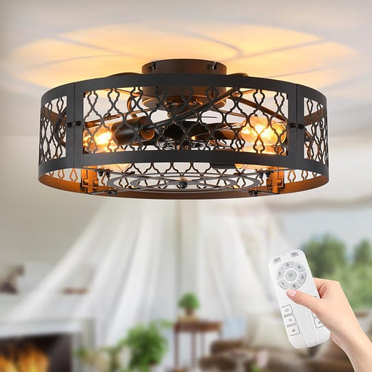 Garwarm 19.6in Caged Ceiling Fan with Light, Bladeless Black Fandelier Ceiling Fan with Remote, Industrial Farmhouse Samll Fan Lights Ceiling Fixtures for Kitchen, Bedroom（6 Speed, Timing）-Black