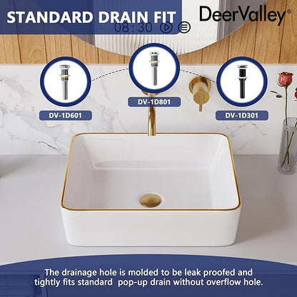 DeerValley 19x15 Inch Rectangular Vessel Sink, White Ceramic Bathroom Sink with Gold Trim, Above Counter Modern Basin, DV-1V0365