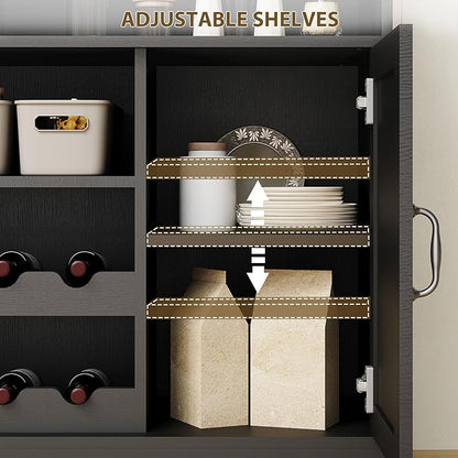 47" Farmhouse Coffee Bar Cabinet with Storage, Buffet Cabinet with Goblet Holder, 5Hooks, Power Outlets, Sideboard Cabinet Coffee Bar Table with Adjustable Shelves for Kitchen & Living Room, Black