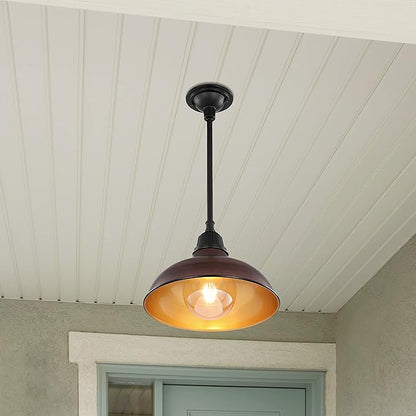 JONATHAN Y 12.25" Wood Finish/Copper Farmhouse Indoor/Outdoor LED Pendant Iron Hanging Light, and Black 1-Light Metal Shade, Rustic Ceiling Lamp for Kitchen Island, LED Bulb Included (JYL7611G)