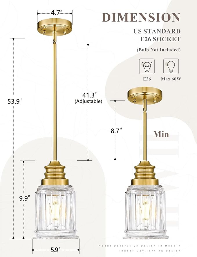 HWH Modern Hanging Pendant Lights, Brushed Gold Pendant Light with Bell-Shaped Fluted Clear Glass, Hanging Light Fixture Adjustable for Kitchen, 5HZG106MIL-L BG
