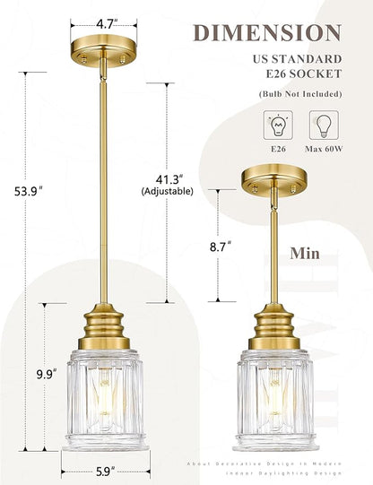 HWH Modern Hanging Pendant Lights, Brushed Gold Pendant Light with Bell-Shaped Fluted Clear Glass, Hanging Light Fixture Adjustable for Kitchen, 5HZG106MIL-L BG