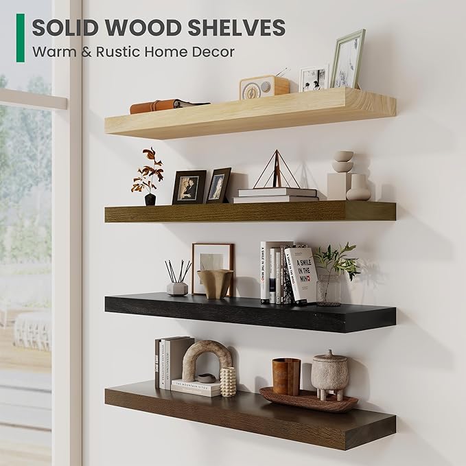 Solid Wood Floating Shelves For Wall, 24”W x 9”D x 1.56”H Large Wall Shelves for Living Room Bedroom Bathroom Kitchen Drcor Storage with Invisible Heavy-Duty Metal Bracket, Carbonized Oak, 2 Pack