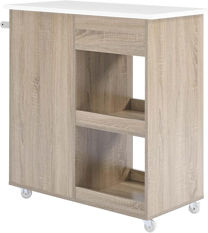Modway Culinary Rolling Kitchen Cart with Storage in Oak White - 3 Tiers Kitchen Island on Wheels with Towel Bar, Functional as a Coffee Station, Bar Cabinet or Butcher Block Island