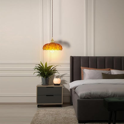 Pendant Light Fixture, Hanging Light Fixture, Glass Shade Pendant Light with Rotary Switch, Modern Lamp for Kitchen Island, Bedroom, Dining Room, Living Room (Orange Lotus, Hard-Wired)