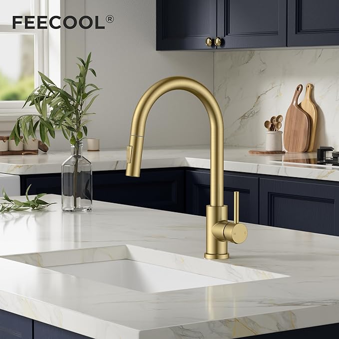 Gold Kitchen Faucet with Pull Down Sprayer, Stainless Steel Kitchen Sink Faucet Classic High Arc Single Handle with Deck Plate for 1 or 3 Hole, Fit for Farmhouse Bar Laundry Camper