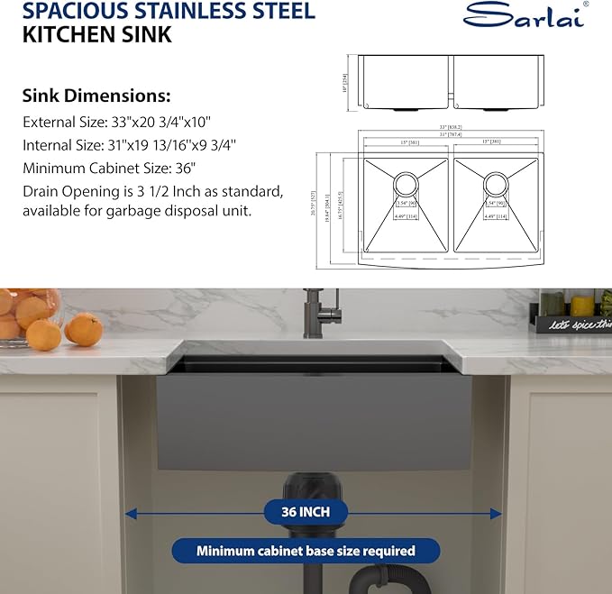 Sarlai Black Farmhouse Sink 33 Inch Double Bowl - 33x21 inch Apron Front Kitchen Sink Double Bowl 50/50 Gunmetal Black Stainless Steel 16 Gauge Round Corner Farm Farmer Kitchen Sinks