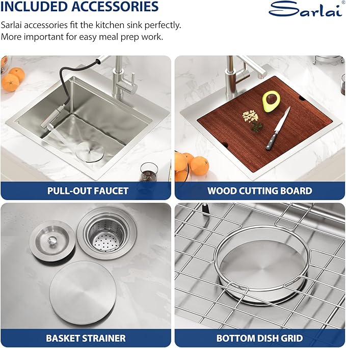 Sarlai Drop Bar Sink - 18 Inch Outdoor Kitchen Sink with Pull-out Faucet Drop In Workstation 18 x 18 Topmount Stainless Steel 16 Gauge Single Bowl Bar Prep RV Outdoor Sinks Basin