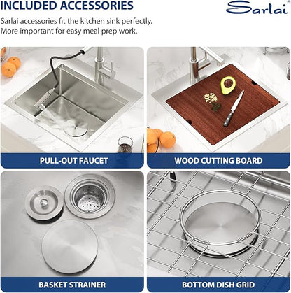 Sarlai Drop Bar Sink - 18 Inch Outdoor Kitchen Sink with Pull-out Faucet Drop In Workstation 18 x 18 Topmount Stainless Steel 16 Gauge Single Bowl Bar Prep RV Outdoor Sinks Basin