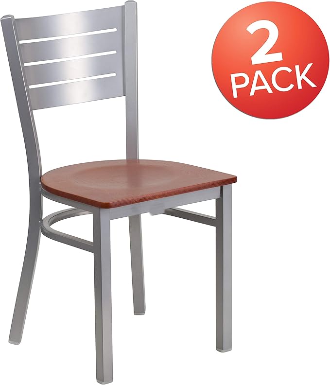Flash Furniture 2 Pk. HERCULES Series Silver Slat Back Metal Restaurant Chair - Cherry Wood Seat