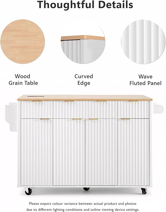 55.5" Fluted Kitchen Island with Power Outlet and Drop Leaf, Narrow Kitchen Island with Storage Srawers and 4 Doors, Rolling Island Table with Wood-grain Top, Curved Edge for Dining Room White