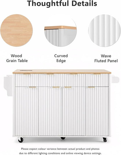 55.5" Fluted Kitchen Island with Power Outlet and Drop Leaf, Narrow Kitchen Island with Storage Srawers and 4 Doors, Rolling Island Table with Wood-grain Top, Curved Edge for Dining Room White