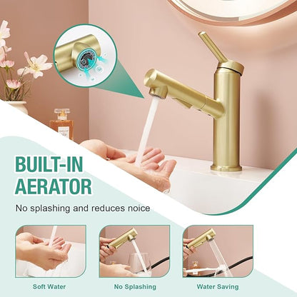 Faustina Light Gold Bathroom Faucet with Pull Out Sprayer, Gold Vanity Faucet for Bathroom or Laundry, Stainless Steel Single Handle with Deck Plate for 1 or 3 Hole, Brushed Finish