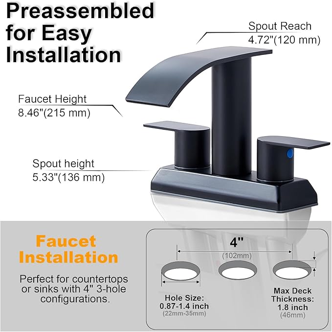 IKEBANA Modern 2 Handle Waterfall Bathroom Faucet, Matte Black, Stainless Steel, Lead-Free, 4 inches Centerset, Includes Pop Up Drain and Supply Hoses