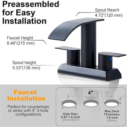 IKEBANA Modern 2 Handle Waterfall Bathroom Faucet, Matte Black, Stainless Steel, Lead-Free, 4 inches Centerset, Includes Pop Up Drain and Supply Hoses