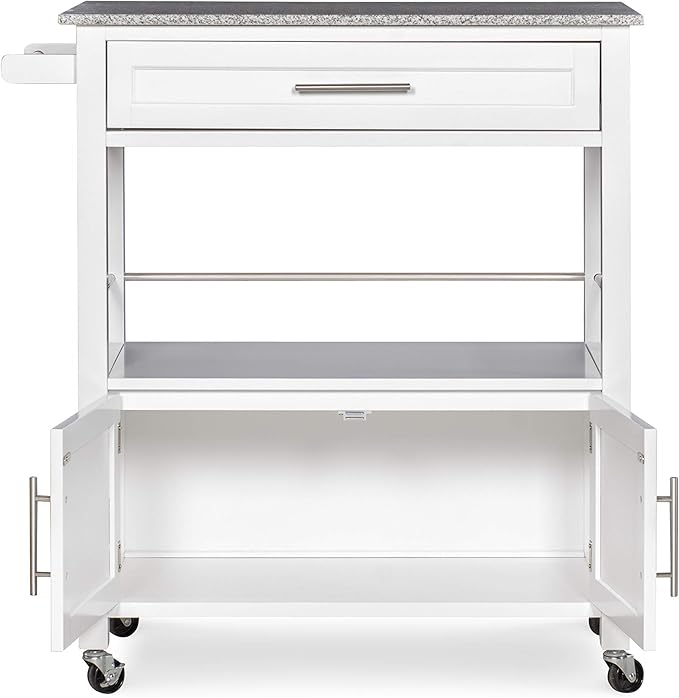 Linon Kyler White Granite Topped Kitchen Cart with Lockable Casters and Hidden Storage Spaces