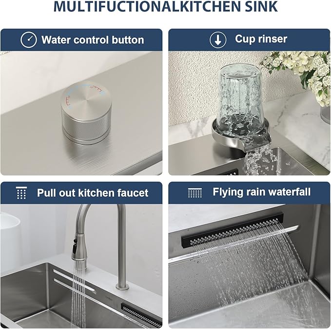 Lordear 31 Drop Kitchen Sink with Faucet Combo 31"x20" Waterfall Kitchen Sink Workstation Stainless Steel 16 Gauge Single Bowl Topmount Handmade Sinks with Pull Out Faucet